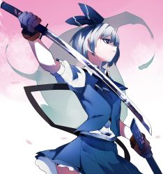 Rule 34 | &gt;:(, 1girl, black gloves, black ribbon, blue eyes, closed mouth, commentary request, cowboy shot, from side, frown, gloves, hair ribbon, hairband, highres, holding, holding sword, holding weapon, ikurauni, katana, konpaku youmu, konpaku youmu (ghost), looking away, neck ribbon, profile, puffy short sleeves, puffy sleeves, revision, ribbon, scabbard, serious, sheath, short hair, short sleeves, silver hair, skirt, skirt set, solo, sword, touhou, unsheathing, v-shaped eyebrows, weapon