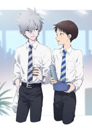 Rule 34 | 11kkr, 2boys, bag, black pants, blue eyes, blush, bottle, box, brown hair, cup, eyes visible through hair, hand in own hair, highres, holding, holding bottle, holding box, holding cup, ikari shinji, light blush, looking at another, multiple boys, nagisa kaworu, necktie, neon genesis evangelion, open mouth, pants, red eyes, shirt, short hair, simple background, sleeves rolled up, smile, standing, watch, white hair, white shirt
