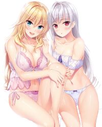Rule 34 | 2girls, :o, blonde hair, blush, bra, breasts, chika (uchi no koibito), cleavage, covered erect nipples, eyebrows hidden by hair, female focus, game cg, green eyes, groin, invisible chair, large breasts, leg up, legs, long hair, multiple girls, nail polish, navel, open mouth, original, panties, red eyes, sitting, small breasts, smile, thighs, transparent background, uchi no koibito, underwear, underwear only, white hair, yamakaze ran, yuri (uchi no koibito)