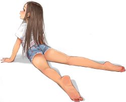 Rule 34 | 1girl, absurdres, arm support, ass, banned artist, bare legs, barefoot, blue shorts, blush, brown eyes, brown hair, denim, denim shorts, fingernails, from behind, full body, highres, long hair, looking at viewer, looking back, masuda (yousaytwosin), open mouth, original, parted lips, petite, shirt, short shorts, short sleeves, shorts, sideways glance, simple background, soles, solo, toes, white background, white shirt