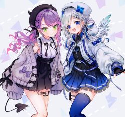 Rule 34 | 2girls, absurdres, amane kanata, amane kanata (work), angel wings, arrow (symbol), bare legs, belt, belt buckle, beret, black dress, black headwear, black neckwear, black ribbon, black shirt, black skirt, blue eyes, blue hair, blue skirt, blue thighhighs, blush, bow, bowtie, breasts, buckle, closed mouth, commentary request, cowboy shot, cross, cross earrings, demon girl, demon tail, dotted line, dress, earrings, feathered wings, frilled shirt, frilled skirt, frills, gradient skirt, green eyes, grey background, grey hair, grey jacket, hair ornament, hair ribbon, hair rings, hairclip, hat, highres, hololive, jacket, jewelry, leg tattoo, legwear garter, looking at viewer, medium breasts, medium hair, multicolored hair, multiple belts, multiple bows, multiple earrings, multiple girls, off-shoulder jacket, off shoulder, open mouth, piercing, pink hair, pleated skirt, pointy ears, pom pom (clothes), purple hair, ribbon, shirt, simple background, single legwear garter, single thighhigh, skirt, sleeveless, sleeveless shirt, smile, streaked hair, syukonbu, tail, tail ornament, tail piercing, tattoo, thigh strap, thighhighs, tokoyami towa, twintails, virtual youtuber, wavy hair, white headwear, white jacket, wings, x hair ornament