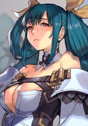 Rule 34 | 1girl, angel wings, asymmetrical wings, bare shoulders, belt, blue hair, breasts, choker, cleavage, closed mouth, clothing cutout, collarbone, detached collar, detached sleeves, dizzy (guilty gear), guilty gear, guilty gear xrd, hair between eyes, hair ribbon, hair rings, hungry clicker, large breasts, long hair, looking afar, mature female, red eyes, ribbon, shaded face, sidelocks, solo, twintails, upper body, wings, yellow ribbon