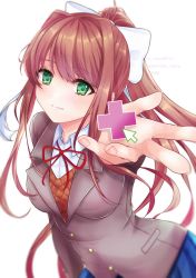 Rule 34 | 1girl, absurdres, blazer, blue skirt, bow, brown hair, commentary, cursor, doki doki literature club, doki doki literature club plus, green eyes, hair bow, highres, jacket, long hair, looking at viewer, mi tarou0412, mixed-language commentary, monika (doki doki literature club), ponytail, ribbon, school uniform, simple background, skirt, smile, solo, white background, white bow, white ribbon