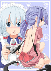 Rule 34 | 2girls, alternate hairstyle, back, backless dress, backless outfit, bare back, barefoot, blood, blue eyes, blue hair, camera, demon tail, dress, feet, female focus, izayoi sakuya, long hair, looking back, maid headdress, multiple girls, no headwear, noa (nagareboshi), nosebleed, pointy ears, ponytail, red eyes, remilia scarlet, simple background, sitting, soles, tail, toes, touhou, wariza, wings