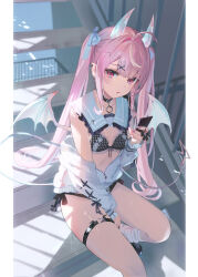 Rule 34 | 1girl, ahoge, bikini, black bikini, black choker, breasts, choker, demon horns, demon tail, demon wings, detached collar, hair ribbon, highres, holding, holding phone, horns, jacket, lace trim, long hair, long sleeves, looking at viewer, off shoulder, omelet tomato, open mouth, original, phone, pink hair, pointy ears, red eyes, ribbon, sailor collar, side-tie bikini bottom, sitting, small breasts, socks, solo, stairs, swimsuit, tail, thigh strap, thighs, twintails, very long hair, white jacket, white socks, wings