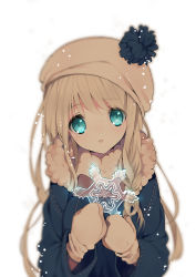 Rule 34 | 1girl, aqua eyes, blonde hair, blush, coat, hat, long hair, mittens, original, parted lips, rugo, scarf, sidelocks, snowflakes, solo, winter clothes