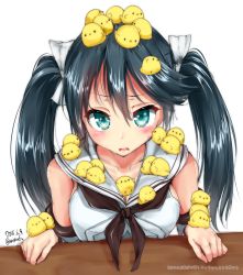Rule 34 | 10s, 1girl, animal, animal on head, aqua hair, bird, bird on head, black hair, blush, breasts, chick, dated, detached sleeves, isuzu (kancolle), kantai collection, long hair, looking at viewer, meme, mokufuu, on head, school uniform, serafuku, simple background, solo, sweatdrop, too many, too many birds, too many chicks, twintails, twitter username, upper body, white background