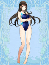 Rule 34 | &gt;:), 1girl, akifuyu haruko, barefoot, black eyes, black hair, blue one-piece swimsuit, closed mouth, collarbone, commentary request, competition swimsuit, crossed arms, dairoku ryouhei, full body, highleg, highleg swimsuit, light smile, long hair, looking at viewer, maruyama hari, official art, one-piece swimsuit, pigeon-toed, skin tight, solo, standing, swimsuit, v-shaped eyebrows