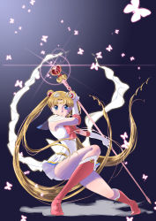 Rule 34 | 1girl, bishoujo senshi sailor moon, blue eyes, blue sailor collar, boots, bow, bug, butterfly, double bun, elbow gloves, gloves, hair bun, hair ornament, hairclip, insect, knee boots, long hair, red bow, red footwear, sailor collar, sailor moon, serious, sleeveless, solo, spiral heart moon rod, super sailor moon, tsukino usagi, twintails, very long hair, white gloves, yousukou (chinsukou)