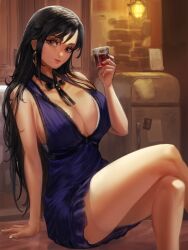 Rule 34 | 1girl, arm support, bare arms, bare legs, black hair, blue dress, breasts, brick wall, brown eyes, choker, cleavage, cocktail dress, commentary, crescent, crescent earrings, crossed legs, cup, dress, drinking glass, earrings, english commentary, feet out of frame, final fantasy, final fantasy vii, final fantasy vii remake, highres, holding, holding cup, indoors, ja mong, jewelry, large breasts, long hair, looking at viewer, official alternate costume, ribbon choker, short dress, sitting, solo, tifa lockhart, tifa lockhart (refined dress)