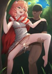 Rule 34 | 1boy, 1girl, absurdres, age difference, bandit, blue sky, blush, commission, cum, cum in pussy, faceless, faceless male, fire emblem, fire emblem echoes, fire emblem heroes, forest, genny (fire emblem), hairband, highres, holding shoulder, leaning on object, leg grab, leg lift, messy hair, nature, nintendo, open mouth, orange hair, partially undressed, skeb commission, sky, striped, tks (526tks), tree, yellow eyes