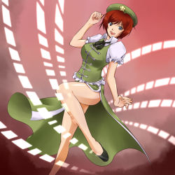 Rule 34 | 1girl, bad apple!!, beret, blue eyes, brown hair, china dress, chinese clothes, cosplay, dress, embodiment of scarlet devil, female focus, hat, hong meiling, hong meiling (cosplay), meiko (vocaloid), short hair, smile, solo, touhou, ts, vocaloid