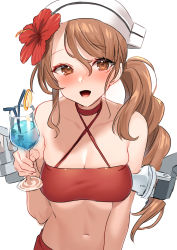 Rule 34 | 1girl, akagi kurage, bikini, blush, breasts, brown eyes, brown hair, cleavage, cup, drinking glass, flower, food, fruit, glass, hair between eyes, hair flower, hair ornament, headdress, hibiscus, highres, holding, holding cup, kantai collection, lemon, lemon slice, littorio (kancolle), long hair, medium breasts, open mouth, red bikini, red flower, rigging, simple background, solo, swimsuit, upper body, white background