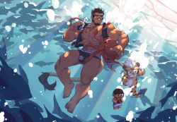 Rule 34 | 1boy, abs, absurdres, alca (wakatanka4), alternate costume, animal ears, bara, bare pectorals, beard, black hair, black male swimwear, bulge, character doll, commission, diving mask, extra ears, facial hair, full body, gluteal fold, goggles, gyee, highres, large pectorals, lion boy, lion ears, lion tail, male focus, male swimwear, mature male, muscular, muscular male, navel, nipples, octopus, original, pectorals, sexually suggestive, short hair, sideburns, solo, stomach, swim briefs, tail, tentacles, tentacles on male, thick eyebrows, thick thighs, thighs, undercut, underwater, zixiong zix