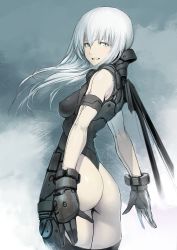 Rule 34 | 1girl, arched back, armor, arms at sides, ass, back, bad id, bad pixiv id, black gloves, blame!, bodysuit, breasts, cibo, cowboy shot, cyborg, eyelashes, flat ass, floating hair, from behind, gloves, hair between eyes, highres, kirii, long hair, looking at viewer, mechanical wings, pale skin, sideways glance, small breasts, smile, solo, thong, white hair, wings, ||/