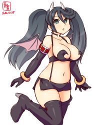 Rule 34 | 1girl, alternate costume, artist logo, bat wings, black gloves, black hair, black skirt, black thighhighs, breasts, commentary request, cowboy shot, dated, demon girl, demon horns, demon wings, elbow gloves, gloves, green eyes, highres, horns, isuzu (kancolle), kanon (kurogane knights), kantai collection, large breasts, long hair, navel, simple background, skirt, solo, suspenders, thighhighs, twintails, white background, wings