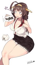Rule 34 | 10s, 1girl, 2015, ahoge, bare arms, black skirt, blush, breasts, brown hair, cleavage, collarbone, crossed legs, curvy, dated, double bun, expressive clothes, expressive hair, female focus, hair bun, hair intakes, hairband, hand fan, highres, hot, kantai collection, kongou (kancolle), kongou kai ni (kancolle), kuro chairo no neko, large breasts, long hair, nontraditional miko, open mouth, paper fan, paw print, pulled by self, purple eyes, shiny skin, simple background, sitting, skindentation, skirt, sleeveless, solo, sweatdrop, thick thighs, thighs, twitter username, uchiwa, white background, wide hips