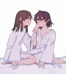 Rule 34 | 2girls, alternate costume, blush, breasts, brown eyes, brown hair, cleavage, commentary request, eye contact, hakurei reimu, hand on another&#039;s arm, hand on another&#039;s cheek, hand on another&#039;s face, highres, long hair, looking at another, medium breasts, multiple girls, no hair bow, no wings, pointy ears, red eyes, sakic43899, shameimaru aya, short hair, sitting, sleepwear, sweatdrop, touhou, yuri