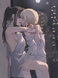 Rule 34 | 2girls, apron, arms around neck, black hair, blonde hair, blush, breasts, chinese commentary, city, commentary request, ear blush, eye contact, fingering, hair ribbon, hand on another&#039;s thigh, highres, implied fingering, indoors, inoue takina, long hair, long sleeves, looking at another, lycoris recoil, medium hair, moon, multiple girls, naked apron, nishikigi chisato, off-shoulder shirt, off shoulder, open mouth, purple eyes, red ribbon, reflection, ribbon, saliva, saliva trail, shirt, sideboob, small breasts, tongue, tongue out, twintails, white apron, white shirt, wind, yanlingjinshilihuahua, yuri