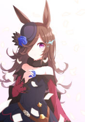 Rule 34 | 1girl, animal ears, aoi thomas, bare shoulders, black dress, black hat, blue flower, blue rose, blush, brown hair, collarbone, commentary request, dagger, dress, flower, gradient background, hair over one eye, hat, hat flower, highres, horse ears, knife, long sleeves, looking at viewer, off-shoulder dress, off shoulder, parted lips, petals, pink background, purple eyes, rice shower (umamusume), rose, sleeves past wrists, solo, tilted headwear, umamusume, weapon, white background