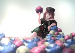 Rule 34 | 1girl, bare shoulders, barefoot, chain, clothes writing, collar, earth (planet), gradient background, hat, hecatia lapislazuli, ichiba youichi, looking at viewer, moon, off shoulder, open mouth, planet, red eyes, red hair, shirt, sitting, skirt, solo, touhou