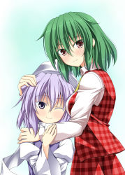Rule 34 | 2girls, breasts, comic, commentary request, green hair, hair between eyes, hand on another&#039;s arm, hand on another&#039;s head, hat, highres, hug, juliet sleeves, kazami yuuka, letty whiterock, long sleeves, multiple girls, one eye closed, plaid, plaid skirt, plaid vest, puffy sleeves, purple eyes, purple hair, rappa (rappaya), red eyes, skirt, smile, touhou, translation request, vest, wide sleeves
