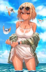 Rule 34 | 1girl, absurdres, bird, breasts, ckhd, cleavage, cloud, collarbone, dark-skinned female, dark skin, dress, elf, elfriend (shiranui flare), eyewear on head, highres, hololive, jacket, jacket partially removed, large breasts, looking at viewer, multicolored hair, parted lips, partially submerged, pointy ears, red eyes, see-through, shiranui flare, short hair, sky, smartwatch, solo, streaked hair, sundress, sunglasses, virtual youtuber, watch, wet, wet clothes, wet dress, white dress, white hair, wristwatch