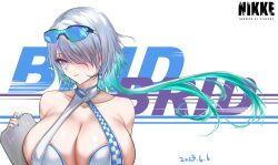 Rule 34 | 1girl, absurdres, alternate costume, aqua hair, artist name, bare shoulders, blue-tinted eyewear, blue eyes, blue nails, breasts, brid (nikke), center opening, character name, chinese commentary, cleavage, closed mouth, collarbone, colored inner hair, commentary request, copyright name, criss-cross halter, dated, dress, earrings, eyewear on head, floating hair, goddess of victory: nikke, gradient hair, gravity (disasuer), green hair, grey hair, hair between eyes, hair over one eye, halterneck, highres, holding, huge breasts, jewelry, light smile, logo, long hair, looking at viewer, multicolored hair, nail polish, no mole, race queen, revealing clothes, short hair with long locks, sidelocks, simple background, sleeveless, sleeveless dress, smile, solo, sunglasses, tinted eyewear, two-tone hair, upper body, white background, white dress
