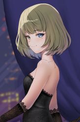 Rule 34 | 1girl, bad id, bad twitter id, bare shoulders, black dress, black gloves, blue eyes, breasts, closed mouth, curtains, dress, floral print, gloves, green eyes, heterochromia, highres, idolmaster, idolmaster cinderella girls, lace, lace-trimmed dress, lace-trimmed gloves, lace trim, light brown hair, looking at viewer, mizu ramen, mole, mole under eye, rose print, short hair, small breasts, smile, solo, takagaki kaede, window