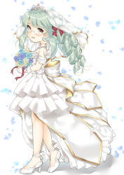 Rule 34 | 1girl, :d, ankle ribbon, azur lane, back bow, bad id, bad pixiv id, bare legs, bare shoulders, blush, bouquet, bow, breasts, bridal veil, commentary request, dress, drill hair, earrings, flower, frilled dress, frills, from side, full body, glasses, glint, gloves, green hair, hair bun, high heels, highres, holding, holding bouquet, jewelry, juugou taki, langley (azur lane), leg ribbon, long hair, looking at viewer, necklace, open mouth, pearl necklace, profile, red ribbon, ribbon, rose, shadow, side bun, sidelocks, simple background, single hair bun, single side bun, sleeveless, sleeveless dress, small breasts, smile, solo, standing, stud earrings, tiara, veil, wedding dress, white background, white bow, white dress, white footwear, white gloves, yellow eyes