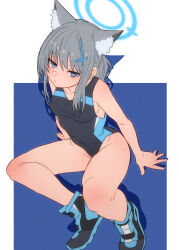 Rule 34 | 1girl, animal ear fluff, animal ears, black footwear, blue archive, blue background, blue eyes, blue halo, breasts, commentary request, cross hair ornament, fu-ta, grey hair, hair ornament, halo, highres, legs, looking at viewer, medium breasts, official alternate costume, one-piece swimsuit, shiroko (blue archive), shiroko (swimsuit) (blue archive), shoes, sitting, sneakers, solo, swimsuit, thighs, two-tone background, white background