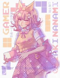 Rule 34 | 1girl, alternate costume, alternate hair ornament, angeliii, animal bag, backpack, bag, blunt bangs, bow, bowtie, brown hair, brown vest, cat bag, character name, closed mouth, collared shirt, crown hair ornament, danganronpa (series), danganronpa 2: goodbye despair, flipped hair, hair ornament, hairband, hairclip, handheld game console, heart, heart hair ornament, heart print, highres, holding, holding handheld game console, looking at viewer, medium hair, miniskirt, nanami chiaki, pink bag, pink bow, pink bowtie, plaid, plaid skirt, pleated skirt, rabbit hair ornament, shirt, short sleeves, skirt, solo, spaceship hair ornament, star (symbol), star hair ornament, translation request, vest, white shirt, yellow hairband