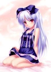 Rule 34 | 10s, 1girl, angel beats!, bare legs, bare shoulders, barefoot, blue hair, bow, clothes lift, dark persona, dress, dress lift, hair bow, long hair, looking at viewer, one side up, red eyes, shiny skin, sitting, solo, tenshi (angel beats!), wariza, zen
