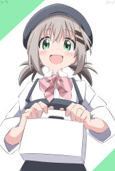 Rule 34 | 1girl, absurdres, alternate hairstyle, artist name, blush, bow, cynical (llcbluckg c004), dot nose, english text, female focus, green eyes, grey hair, hair ornament, hairclip, hat, highres, holding, long sleeve shirt, long sleeves, looking at viewer, open mouth, solo, standing, yama no susume, yukimura aoi