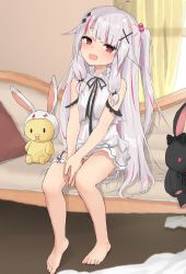 Rule 34 | 1girl, :d, absurdres, ahoge, bare shoulders, barefoot, between legs, blush, couch, curtains, dress, female focus, full body, grey hair, hair bobbles, hair ornament, hand between legs, head tilt, highres, long hair, looking at viewer, multicolored hair, nijisanji, on couch, one side up, open mouth, own hands together, rabbit hair ornament, red eyes, red hair, sitting, sleeveless, sleeveless dress, smile, solo, streaked hair, stuffed animal, stuffed rabbit, stuffed toy, transparent, very long hair, virtual youtuber, white dress, window, x hair ornament, yakihebi, yorumi rena, yorumi rena (young)