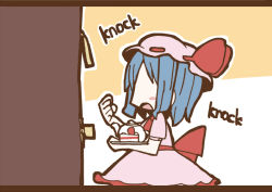 Rule 34 | 1girl, adomi, blue hair, cake, cake slice, comic, door, english text, faceless, female focus, food, fruit, hat, hat ribbon, knocking, letterboxed, millipen (medium), open mouth, remilia scarlet, ribbon, solo, strawberry, strawberry shortcake, teapot, tears, touhou, traditional media, tray