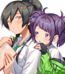 Rule 34 | 2girls, black choker, black hair, choker, commentary request, diagonal bangs, dog tags, dress shirt, earrings, green jacket, green neckwear, hair between eyes, hand on shoulder, high ponytail, highres, holding, holding notebook, idolmaster, idolmaster shiny colors, jacket, jewelry, looking at another, loose necktie, multiple girls, nail polish, necktie, notebook, open mouth, ponytail, purple eyes, purple hair, purple nails, school uniform, shirase sakuya, shirt, short twintails, smile, spiked choker, spikes, tamayume, tanaka mamimi, twintails, white shirt, yellow eyes