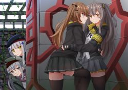 Rule 34 | 404 (girls&#039; frontline), 4girls, :o, armband, beret, black gloves, black hat, black jacket, black legwear, black skirt, blunt bangs, blurry, blurry background, blush, brown eyes, brown hair, closed mouth, commentary, depth of field, facial mark, fingerless gloves, g11 (girls&#039; frontline), girls&#039; frontline, gloves, green eyes, green hat, green jacket, grey skirt, hair between eyes, hair ornament, hand on another&#039;s waist, hat, highres, hk416 (girls&#039; frontline), jacket, kazenokaze, leg between thighs, long hair, long sleeves, multiple girls, one side up, open clothes, open jacket, parted lips, pleated skirt, puffy long sleeves, puffy sleeves, red eyes, scar, scar across eye, scar on face, shirt, siblings, silver hair, sisters, skirt, smile, thighhighs, twins, twintails, ump45 (girls&#039; frontline), ump9 (girls&#039; frontline), very long hair, white shirt, yuri