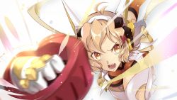 Rule 34 | 1girl, ahoge, anxflower, blonde hair, blurry foreground, bodysuit, brown hair, clenched hand, commentary request, determined, foreshortening, gauntlets, gloves, hair ornament, hairclip, headphones, highres, leaning forward, looking at viewer, open mouth, orange eyes, senki zesshou symphogear, short hair, solo, tachibana hibiki (symphogear)