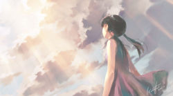 Rule 34 | 1girl, cloud, day, dress, kawata hisashi, looking up, red dress, solo, sun, sunlight, twintails
