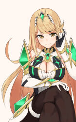 Rule 34 | 1girl, bare shoulders, black pantyhose, blonde hair, breasts, chest jewel, choker, cleavage cutout, clothing cutout, collarbone, commentary, crossed legs, dress, elbow gloves, gloves, highres, lace, lace choker, large breasts, long hair, microdress, mythra (massive melee) (xenoblade), mythra (xenoblade), oliver koito, pantyhose, swept bangs, thigh strap, tiara, very long hair, white dress, white gloves, xenoblade chronicles (series), xenoblade chronicles 2, yellow eyes