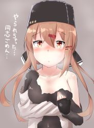 Rule 34 | 1girl, blush, bow, breasts, brown hair, closed mouth, dakappa, fur hat, grey background, hair between eyes, hair bow, hair ornament, hairclip, hat, highres, jacket, kantai collection, looking at viewer, low twintails, medium breasts, open clothes, papakha, red eyes, russian clothes, simple background, solo, tashkent (kancolle), torn clothes, twintails