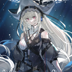 Rule 34 | 1girl, absurdres, arknights, bare shoulders, black hat, black shirt, black sleeves, blouse, breasts, bubble, detached sleeves, echj, grey hair, hair between eyes, hat, highres, light rays, long hair, looking at viewer, medium breasts, official alternate costume, red eyes, shirt, sleeves past elbows, solo, specter (arknights), specter the unchained (arknights), two-tone shirt, underwater, upper body, very long hair, white shirt