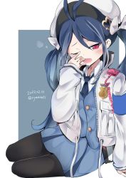 Rule 34 | 1girl, antenna hair, armband, asymmetrical bangs, badge, black pantyhose, blue archive, blue background, blue hair, blue necktie, blue skirt, blue vest, blush, border, bow, buttons, collared shirt, dated, fubuki (blue archive), hair bow, hair ornament, hand to own mouth, heart, heart hair ornament, high collar, jacket, long sleeves, looking at viewer, multicolored hair, necktie, one eye closed, open clothes, open jacket, open mouth, outside border, pantyhose, parted bangs, pencil skirt, red eyes, ryannari, shirt, silver hair, simple background, sitting, skirt, solo, streaked hair, twintails, twitter username, two-tone hair, vest, walkie-talkie, white bow, white headwear, white jacket, white shirt, yawning, yokozuwari