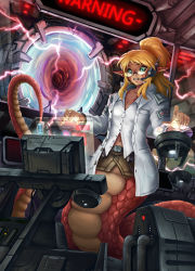 Rule 34 | 1girl, black sclera, blonde hair, blouse, colored sclera, commentary request, commission, dark-skinned female, dark skin, earpiece, glasses, green eyes, lab coat, lamia, machinery, maxa&#039;, miniskirt, monster girl, original, pointy ears, portal (object), scales, scientist, shirt, sign, skirt, solo, warning sign, white shirt, worried