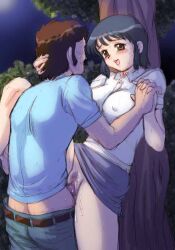 Rule 34 | against tree, blush, breasts, covered erect nipples, happy sex, holding hands, large breasts, pubic hair, purple hair, pussy, sex, skirt, smile, tanuki gakuen, tanuki yousuke, tree, vaginal, yellow eyes