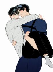 Rule 34 | 2boys, arms around neck, black hair, black pants, blue eyes, blush, bodysuit, carrying, closed mouth, diving suit, eoduun badaui deungbul-i doeeo, heterochromia, highres, long sleeves, looking at another, male focus, multiple boys, open mouth, pants, park moo-hyun, princess carry, seodae 7810, shin hae-ryang, shirt, short hair, simple background, smile, socks, standing, wetsuit, white background, white shirt, yaoi