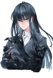 Rule 34 | 1girl, black gloves, black hair, black jacket, blue eyes, chest harness, collared shirt, cropped torso, crossed arms, dangle earrings, earrings, elbow gloves, gloves, hand up, harness, highres, jacket, jewelry, long hair, looking at viewer, necktie, parted lips, path to nowhere, rahu (path to nowhere), scar, scar across eye, shirt, signature, simple background, solo, straight hair, upper body, white background, white necktie, white shirt, yukikitsune kuutachibana