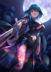 Rule 34 | 1girl, armor, black coat, black shirt, black shorts, blue eyes, blue hair, breasts, brown pantyhose, bustier, byleth (female) (fire emblem), byleth (fire emblem), clothing cutout, cloud, coat, commentary request, dagger, fire emblem, fire emblem: three houses, fire emblem warriors: three hopes, full moon, hair between eyes, highres, holding, holding sword, holding weapon, knife, large breasts, pantyhose under shorts, lens flare, long hair, looking at viewer, moon, navel, navel cutout, night, nintendo, open mouth, outdoors, pantyhose, patterned legwear, print pantyhose, shirt, short shorts, shorts, sidelocks, solo, standing, sword, sword of the creator, tarayuki, tassel, thighs, vambraces, weapon