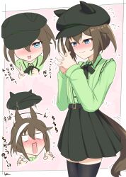 Rule 34 | 1girl, alternate costume, animal ears, black bow, black bowtie, black headwear, black skirt, black thighhighs, blank eyes, blush, bow, bowtie, brown eyes, brown hair, cabbie hat, cheval grand (umamusume), closed eyes, collared shirt, commentary, flying sweatdrops, frown, green shirt, half-closed eyes, hat, horse ears, horse girl, horse tail, jirai kei, kimukimu, long sleeves, looking at viewer, miniskirt, motion lines, multiple views, open mouth, own hands together, pleated skirt, shirt, short hair, skirt, smile, standing, sweatdrop, tail, thighhighs, translated, umamusume, v, wing collar